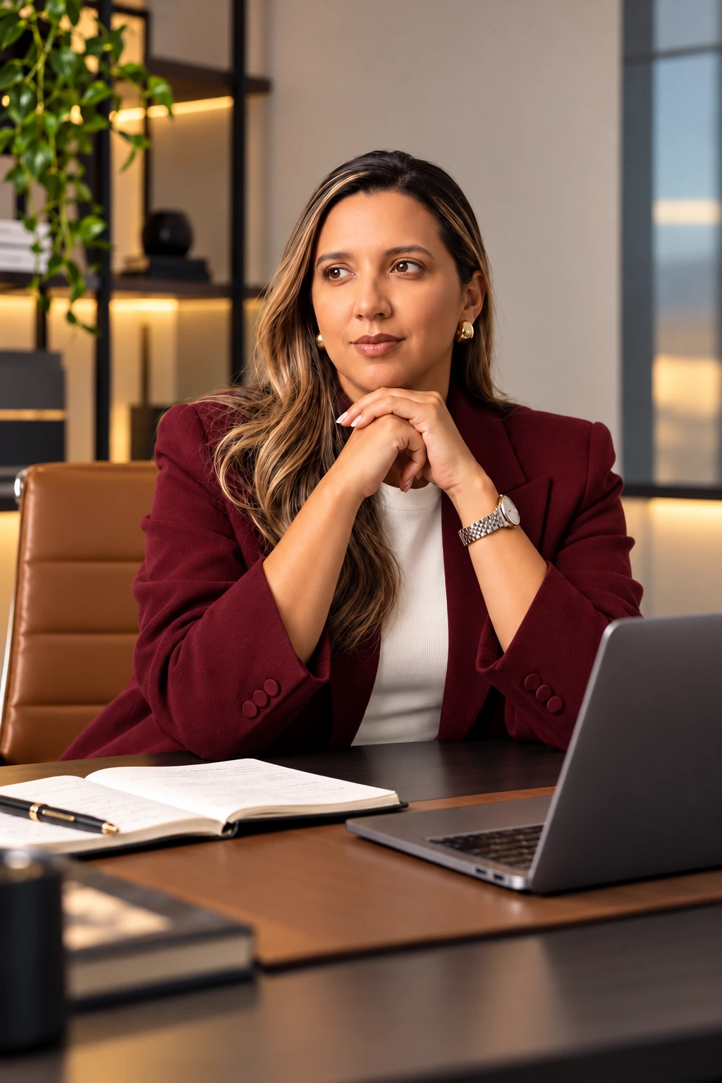 Elen Mendes de blazer vinho, sentada à mesa com notebook