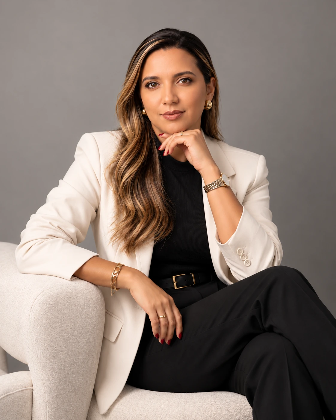 Elen Mendes de blazer marfim, sentada em uma poltrona clara