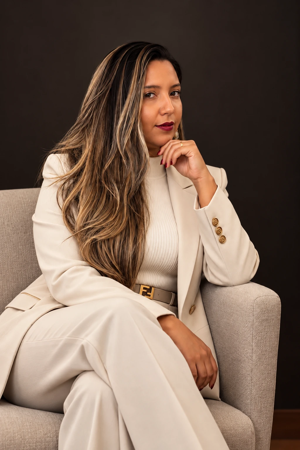 Retrato de Elen Mendes em terno marfim