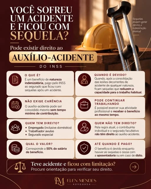 Publicação de Elen Mendes sobre auxílio-acidente após um acidente com sequela
